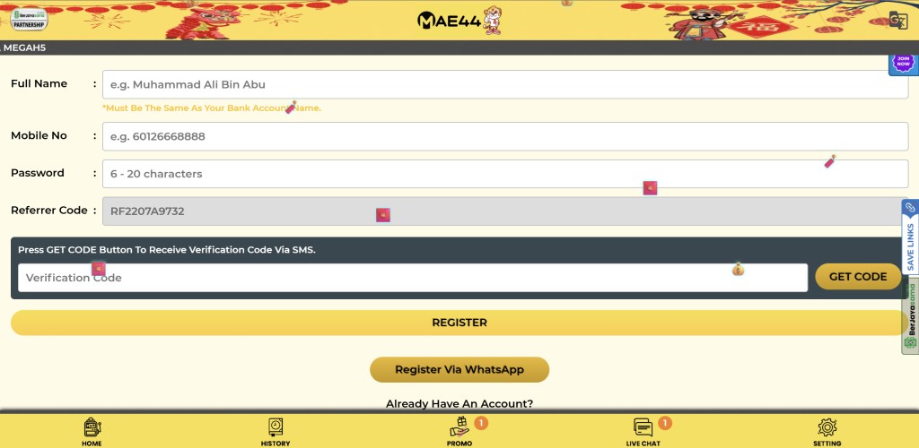 MAE44 casino registration page